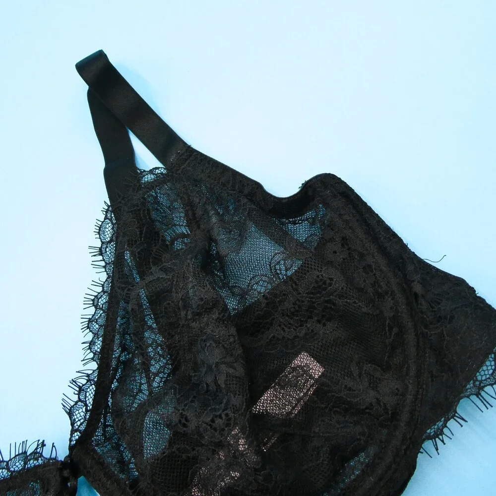 Victorias Secret Dream Angels 38DDD Lingerie Black Unlined Demi Lace Bra Fringe‎
